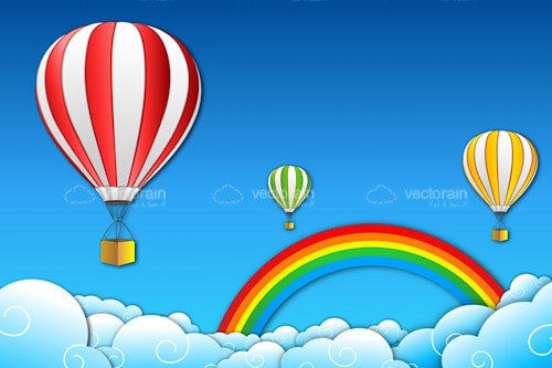 Illustrated Hot Air Balloons Floating through Cloudy Sky with Rainbow